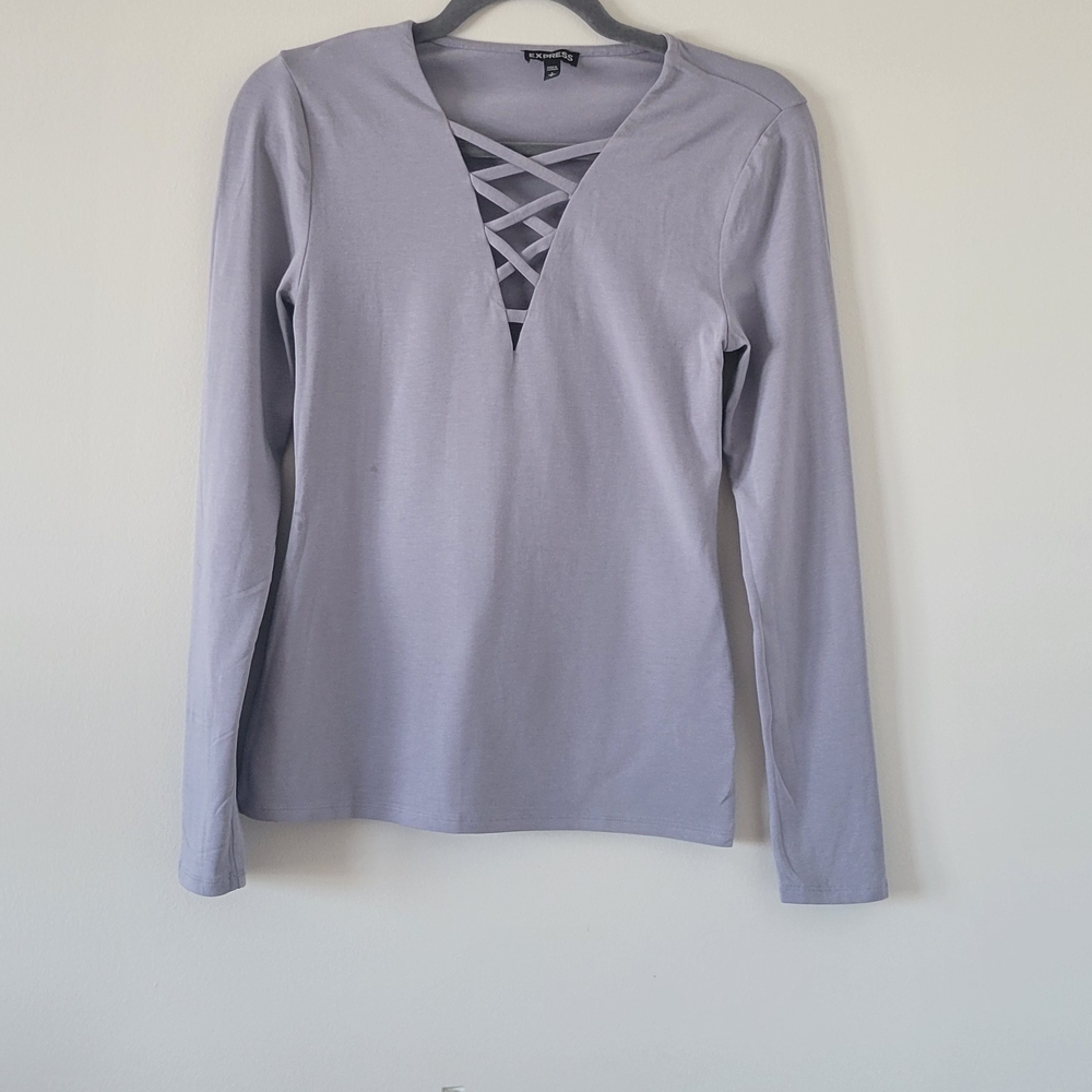Express Women's Light Gray Crisscross Long Sleeve Top